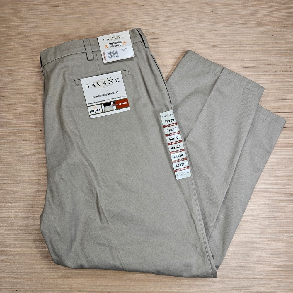 Savane Pants Mens 42x30 Beige Flat Front Motion Wrinkle Free Cotton Chino NEW